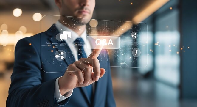 Q&A Virtual Icon Concept – Businessman on Digital Platform for Customer Assistance, Knowledge Sharing, Online Communication, and Support Services