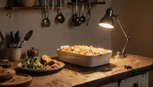Cozy Kitchen Still Life with Pasta Bake and Salad. - Powered by Adobe