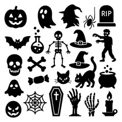 Obraz premium Halloween Silhouette Icon Set with Ghost, Skull, Witch, Pumpkin, Bat, Tombstone and Spooky Clipart