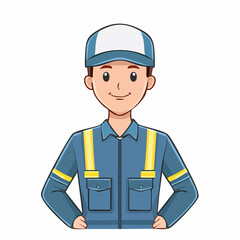 Smiling young worker in blue uniform and cap cartoon illustration isolated on white background