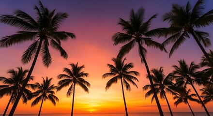 Golden Hour Tropical Sunset: Silhouetted Palm Trees Against a Vivid Orange, Pink, and Purple Sky Over the Ocean Horizon