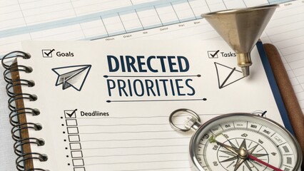 Organized Planning Tools with Notebook, Compass, and Funnel for Effective Prioritization and Goal Setting
