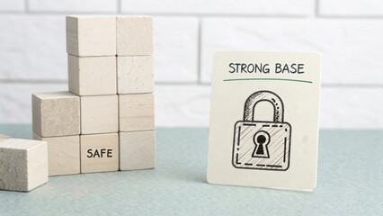 Conceptual representation of security and stability with blocks displaying safe and strong base alongside a padlock illustration