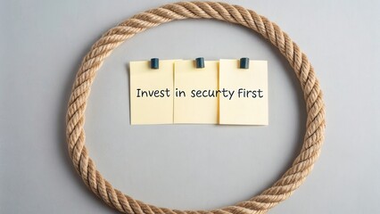 Circular rope frame with sticky notes displaying the message to invest in security first, symbolizing careful planning and choices