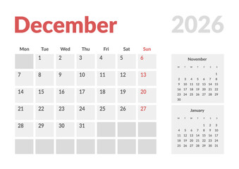 Monthly page Calendar Planner Template design of December 2026. Vector layout of calendar with week start Monday for Scheduling. Page for size A4 or 21x29.7 cm