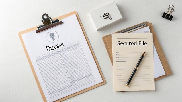 Organized workspace with disease report, secured file, clipboard, and office supplies on light background - Powered by Adobe