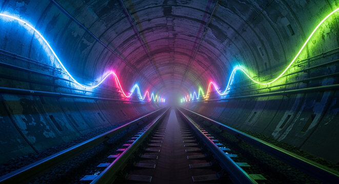 A long railway tunnel with colorful neon lights forming a wave pattern, creating a futuristic and vibrant atmosphere in the underground space - Powered by Adobe