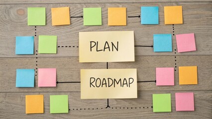 Colorful sticky notes on wooden surface for planning and creating roadmap for projects and ideas management