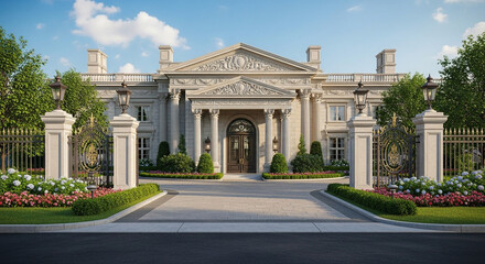 An opulent mansion with classical architecture, featuring grand columns, intricate details, and a meticulously landscaped garden in a luxurious setting