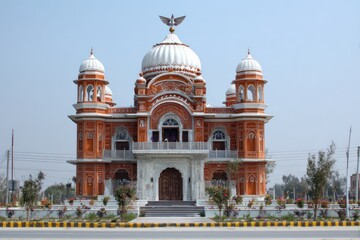Obraz premium Ornate orange & white building with domes, sculptures, & carved wood doors; clear sky background