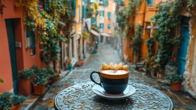 Morning Cappuccino on a Mosaic Table in a Charming European Alley.