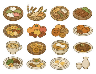 Traditional Korean Food Icon Set with Rice Cake, Fruit, Tea and Holiday Cuisine Illustration