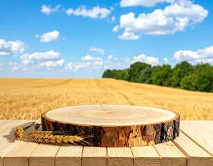Obraz premium Wooden slice display on a wood table, golden field background