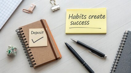 Inspiring productivity concept with sticky notes and stationery showcasing habits that lead to successful goals and achievements