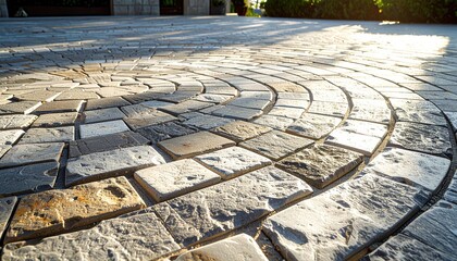 Circular Stone Tile Pattern with Sunlight and Shadow Play on Outdoor Ground with Geometric Gray Texture