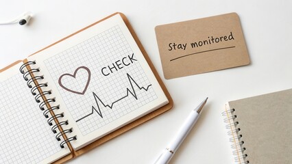 Heart Rate Check on Notebook with Monitor Message for Health Awareness and Wellness Strategy in Minimalist Workspace