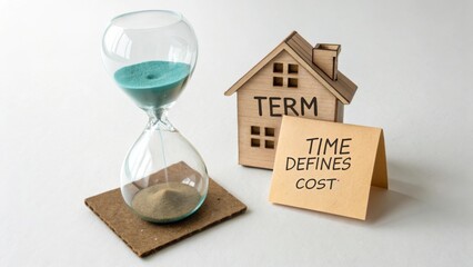 Hourglass Placed Next to Wooden House Model with Term Sign and Card Highlighting Time Defines Cost Concept