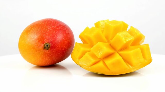 Close up of ripe tropical mango fruit variety Nam Dok Mai with one whole golden yellow mango and another sliced into cubes showing juicy vibrant flesh ideal for exotic fruit and healthy food