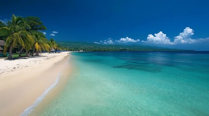 Fototapeta premium Idyllic Tropical Beach Scene Turquoise Water White Sand Palm Trees