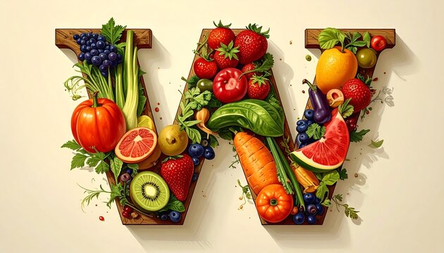 Wood-lettered "W" formed from colorful fruits and vegetables