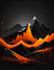 Abstract Mountain Landscape with Orange Flowing Lines and Dark Background.