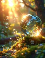 Crystal Orb in Sunlit Forest - A Magical Reflection of Nature.