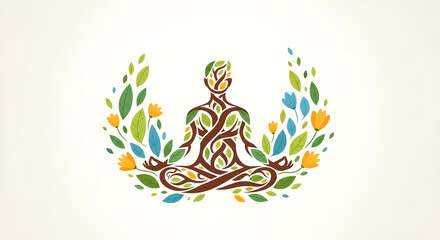 Abstract illustration of a meditating human figure made of tree branches and leaves