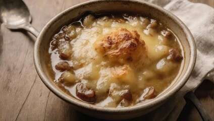 Delicious French Onion Soup with Melted Cheese in a Bowl.