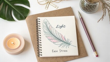Inspirational Notebook with Feather Illustration Promoting Relaxation and Stress Relief in Tranquil Workspace Setting