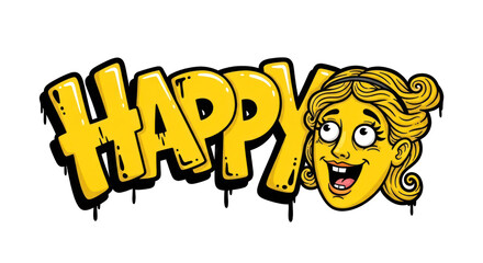 Graffiti Style Happy with Cartoon Womans Face Yellow and Black.