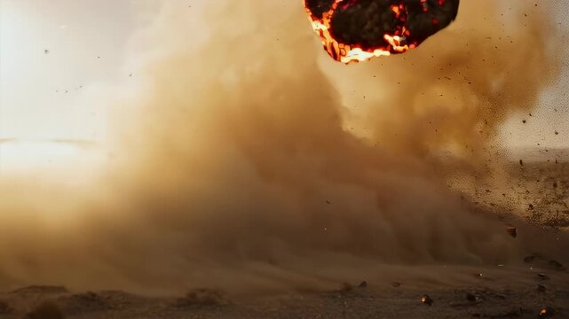 A powerful explosion creates a massive dust cloud with debris and sparks erupting from the barren ground in a dynamic and intense action scene