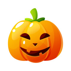 A pumpkin, a symbol of Halloween, on a white background. An orange pumpkin with a facial expression, emotion, eyes, and a smile. Clipart, icon, for Halloween designs.