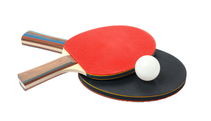 Two ping pong paddles and a ball