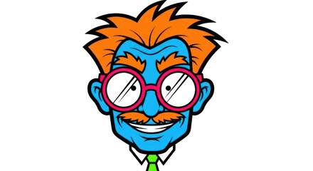 Cheerful Blue Cartoon Man with Glasses and Mustache.