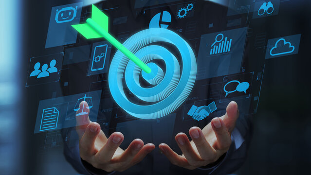 Objectives and key results OKR management tool. Enterprise goals management platform. Businessperson holding arrow and target icons.