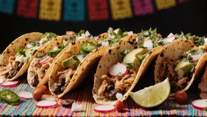 Delicious Tacos Lined Up with Fresh Toppings and Lime.