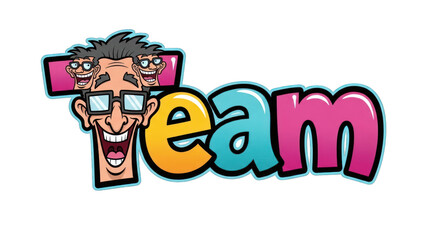 Cartoon Team Logo with Smiling Faces and Text.