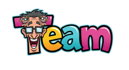 Cartoon Team Logo with Smiling Faces and Text.