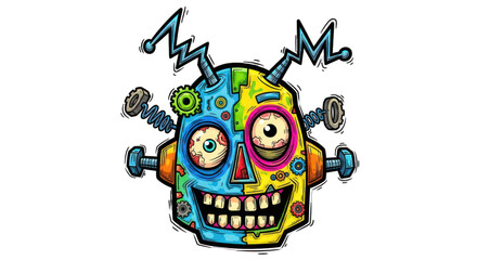Colorful Cartoon Robot Head with Gears Bolts and Mismatched Eyes.