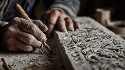 Artisans hands carving stone close up