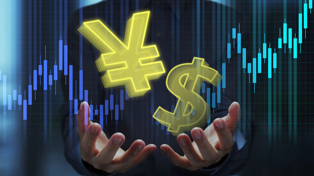 Strong yen and weak dollar. Yen and dollar signs with charts. Currency exchange rate in financial market. Foreign exchange trader holding &yen; and $ symbols.