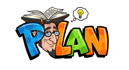 Cartoon PLAN Word with Thinking Man and Idea.