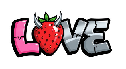 Cartoon Love Graffiti with Devilish Strawberry Character.