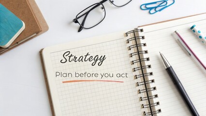 Concept of Strategy and Planning with Notepad, Glasses, and Stationery on a Desk for Business and Education Purposes