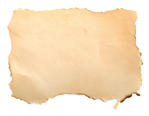 A aged piece of paper with rough, burnt edges, on a transparent background
