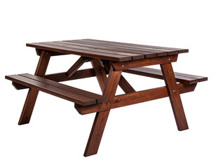 Wooden picnic table isolated on black; built-in benches, sturdy construction, outdoor dining