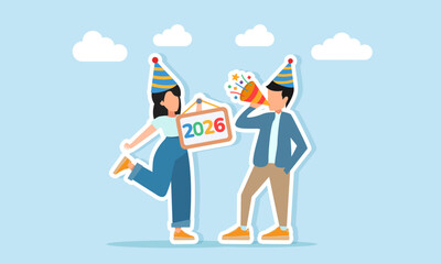 Man wearing party hat blowing trumpet while woman with party hat holding board with number 2026 illustration of appreciation for celebrating the new year