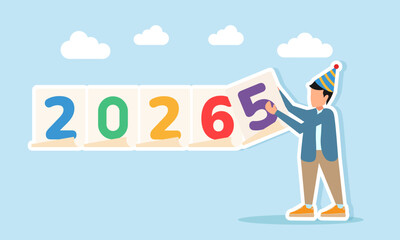 Man wearing party hat holding paper with number 5 to complete number 2026 illustration of appreciation for celebrating the new year