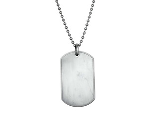 Shiny metal pendant, chain, and dog tag centered on black background, bright