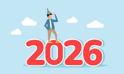 Man wearing party hat standing on number 2026 observing surroundings illustration of looking at prospects and opportunities in the new year